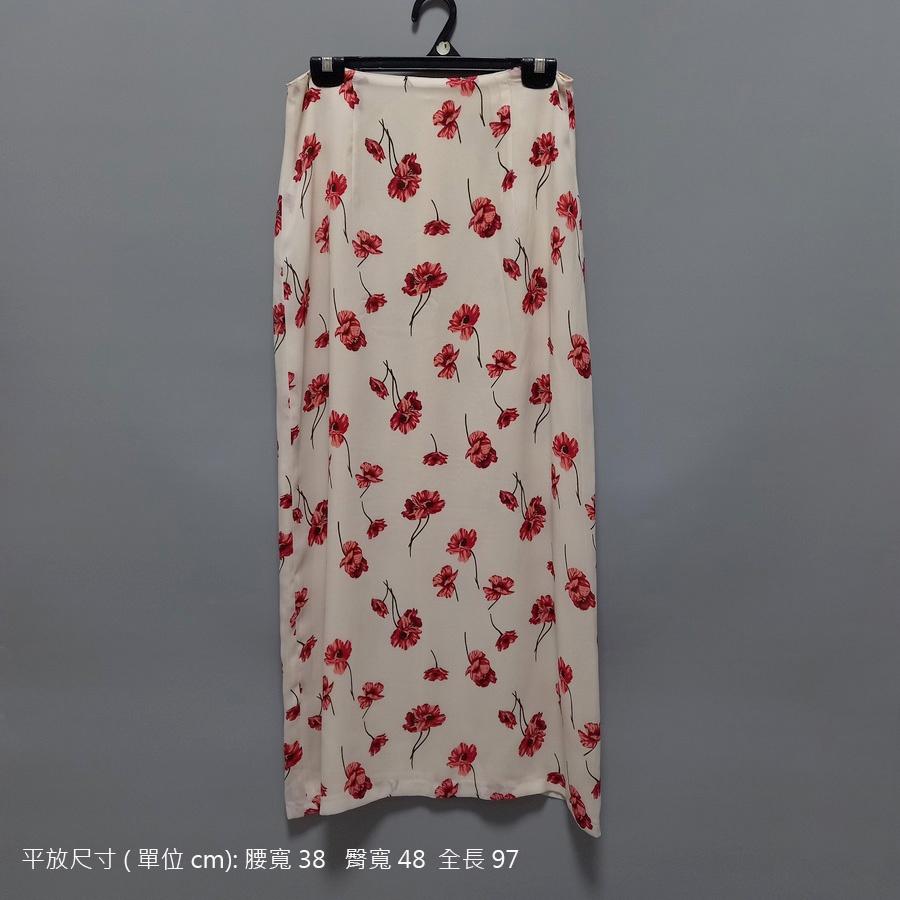 220902舊古著雙面穿淡黃色粉藍綠橘花白底紅花朵A字長裙二手-細節圖6