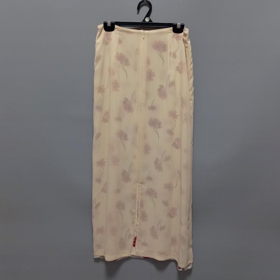 220902舊古著雙面穿淡黃色粉藍綠橘花白底紅花朵A字長裙二手-細節圖7