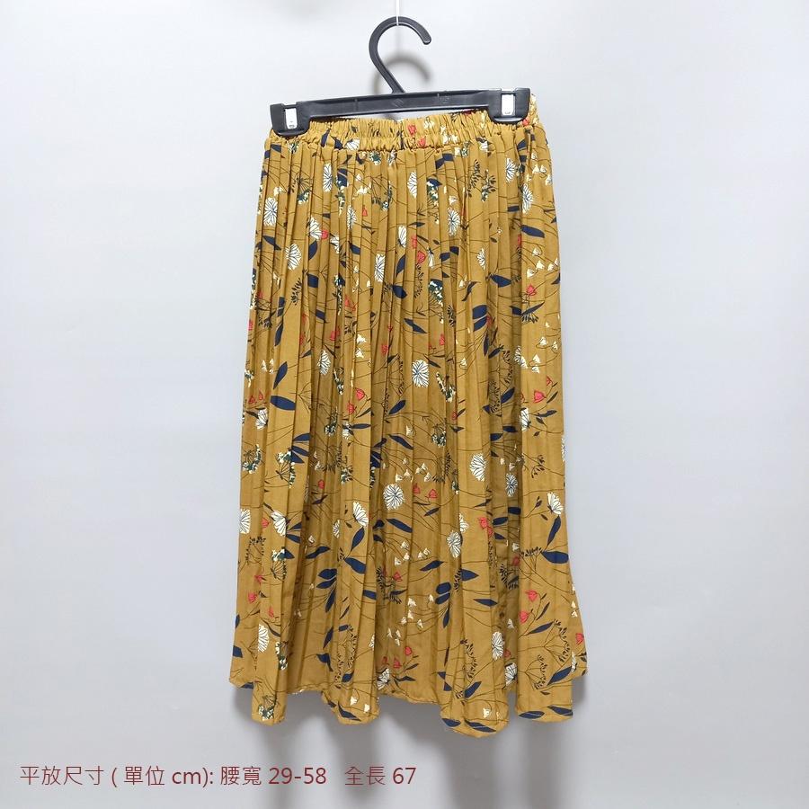 220902芥末黃橄欖綠花草圖樣鬆緊百褶及膝裙長裙二手-細節圖2