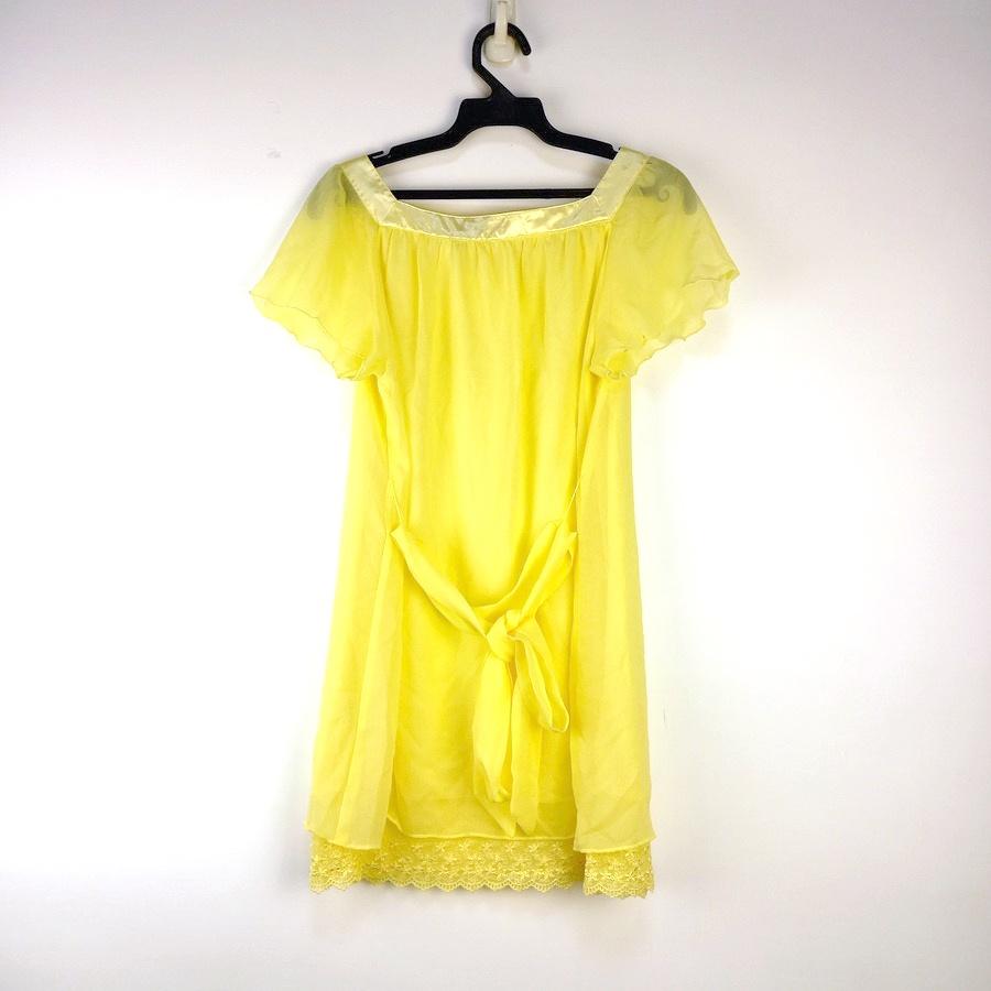 220802L.A.C.E淡黃色雪紡紗緞帶蝴蝶結洋裝二手-細節圖2