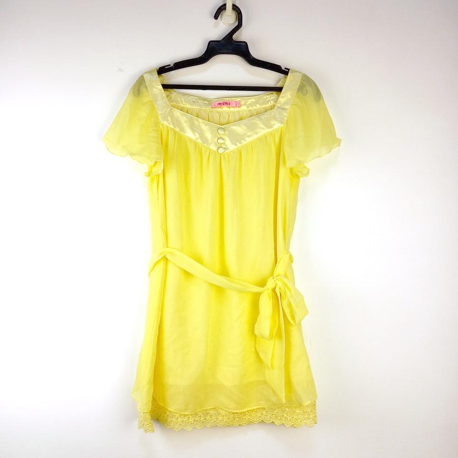 220802L.A.C.E淡黃色雪紡紗緞帶蝴蝶結洋裝二手-細節圖3