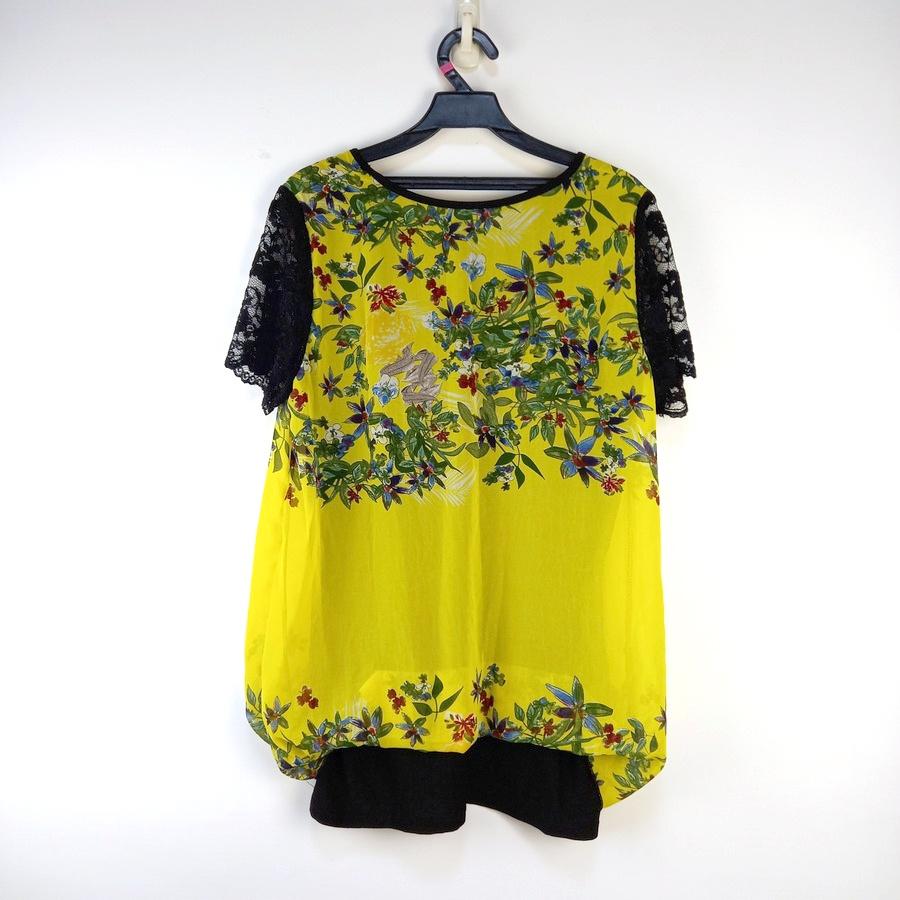 220802黃色雪紡紗黑色蕾絲袖長板上衣二手-細節圖3