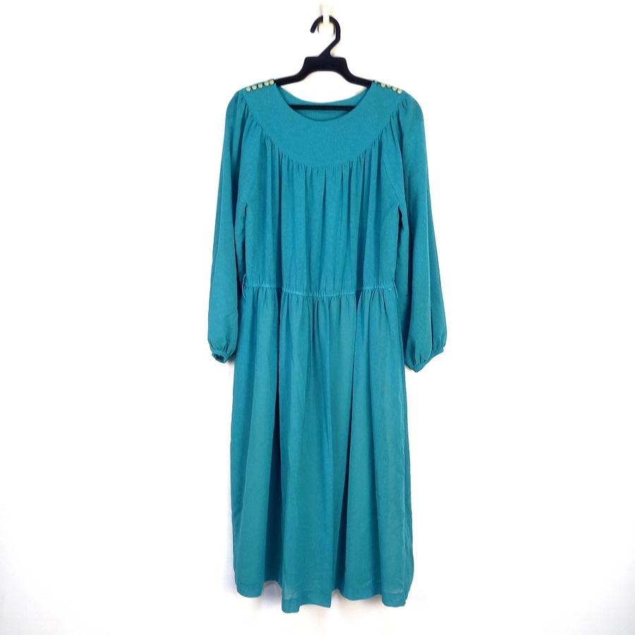 220601舊愛古著長袖藍綠色雪紡紗洋裝二手懷舊復古VINTAGE-細節圖2