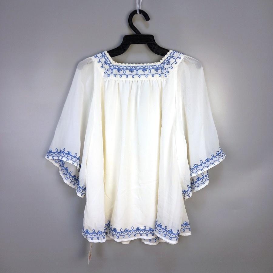 220901庫存品白色藍色線條圖樣雪紡紗七分袖民族風娃娃裝M上衣-細節圖2