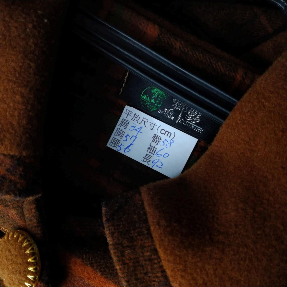 220103舊愛古著大地色格紋口袋毛料寬版及膝長秋冬大衣二手-細節圖3