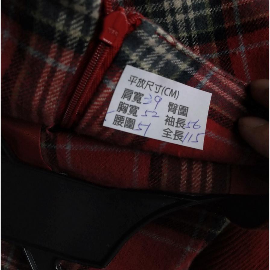 211204舊愛古著橘紅黑白格紋蝴蝶結綁帶毛料長袖長洋裝二手-細節圖3