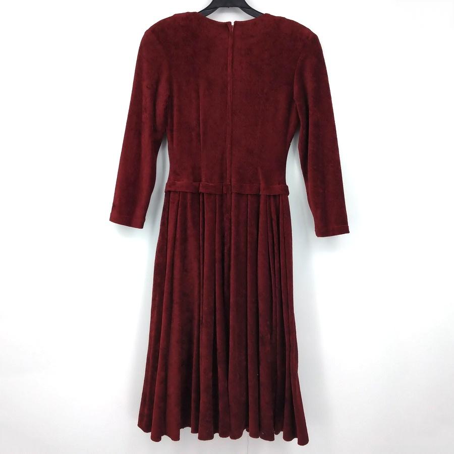 211204舊愛古著酒紅色麻花繩裝飾絨布長袖洋裝二手-細節圖2