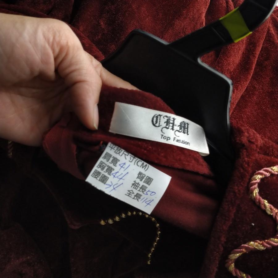 211204舊愛古著酒紅色麻花繩裝飾絨布長袖洋裝二手-細節圖3