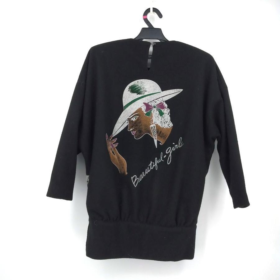 211104舊愛古著黑色銀色線條少女寬版毛料上衣二手-細節圖2