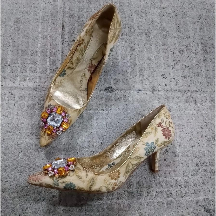 220301cumar粉色緞面圓頭高跟鞋6號半二手 enzo angiolini電繡花朵水鑽尖頭高跟鞋 晚宴鞋婚宴鞋-細節圖7