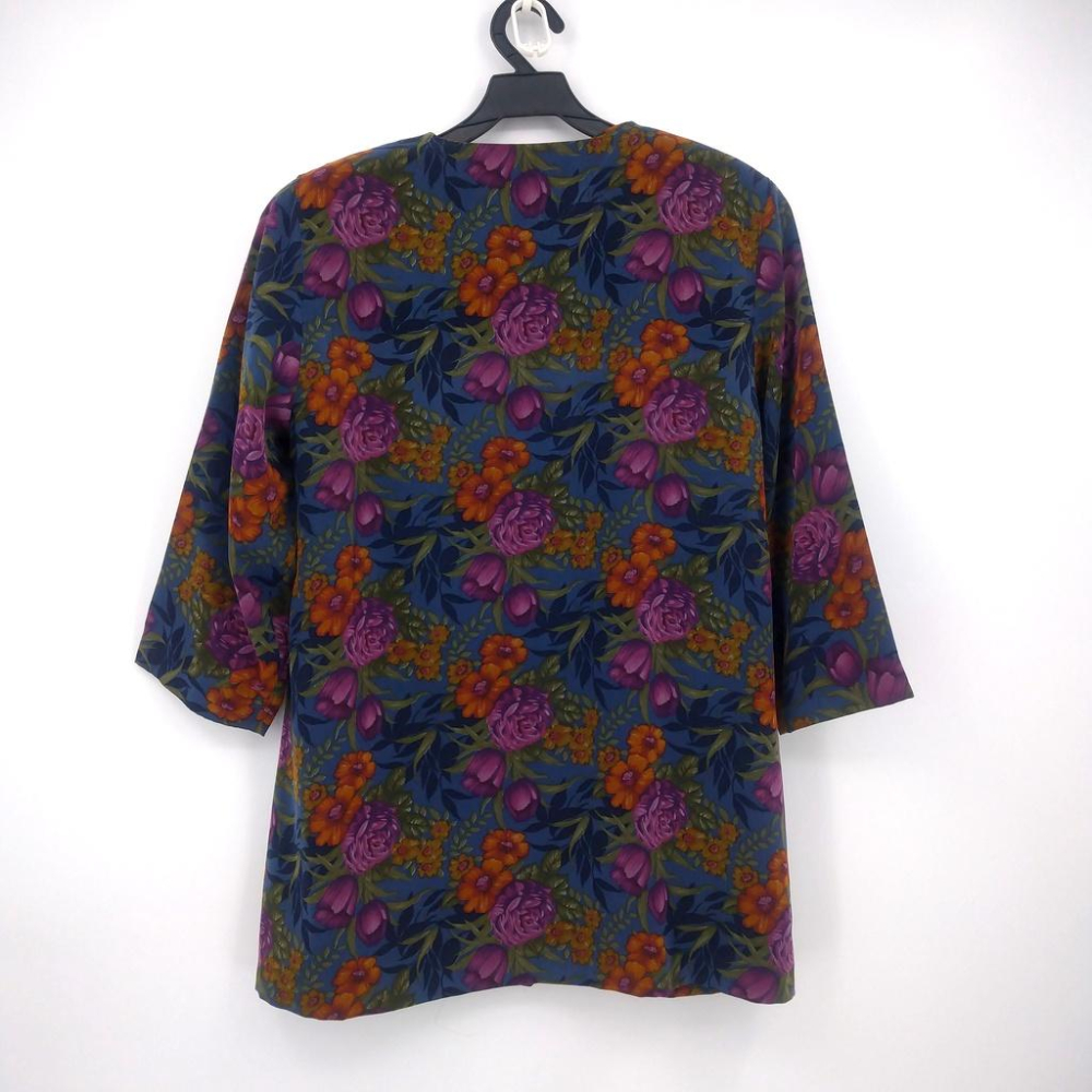 220103舊愛古著墨藍迪色橘籃紫花朵秋冬大衣口袋二手 少一個釦子-細節圖2