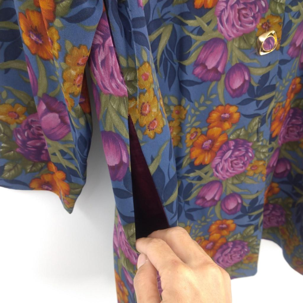 220103舊愛古著墨藍迪色橘籃紫花朵秋冬大衣口袋二手 少一個釦子-細節圖4