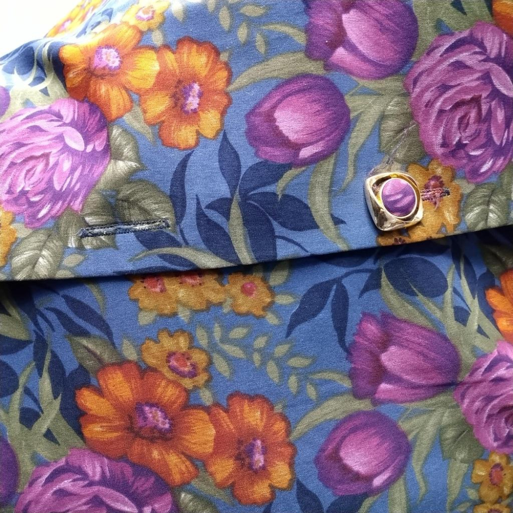 220103舊愛古著墨藍迪色橘籃紫花朵秋冬大衣口袋二手 少一個釦子-細節圖5