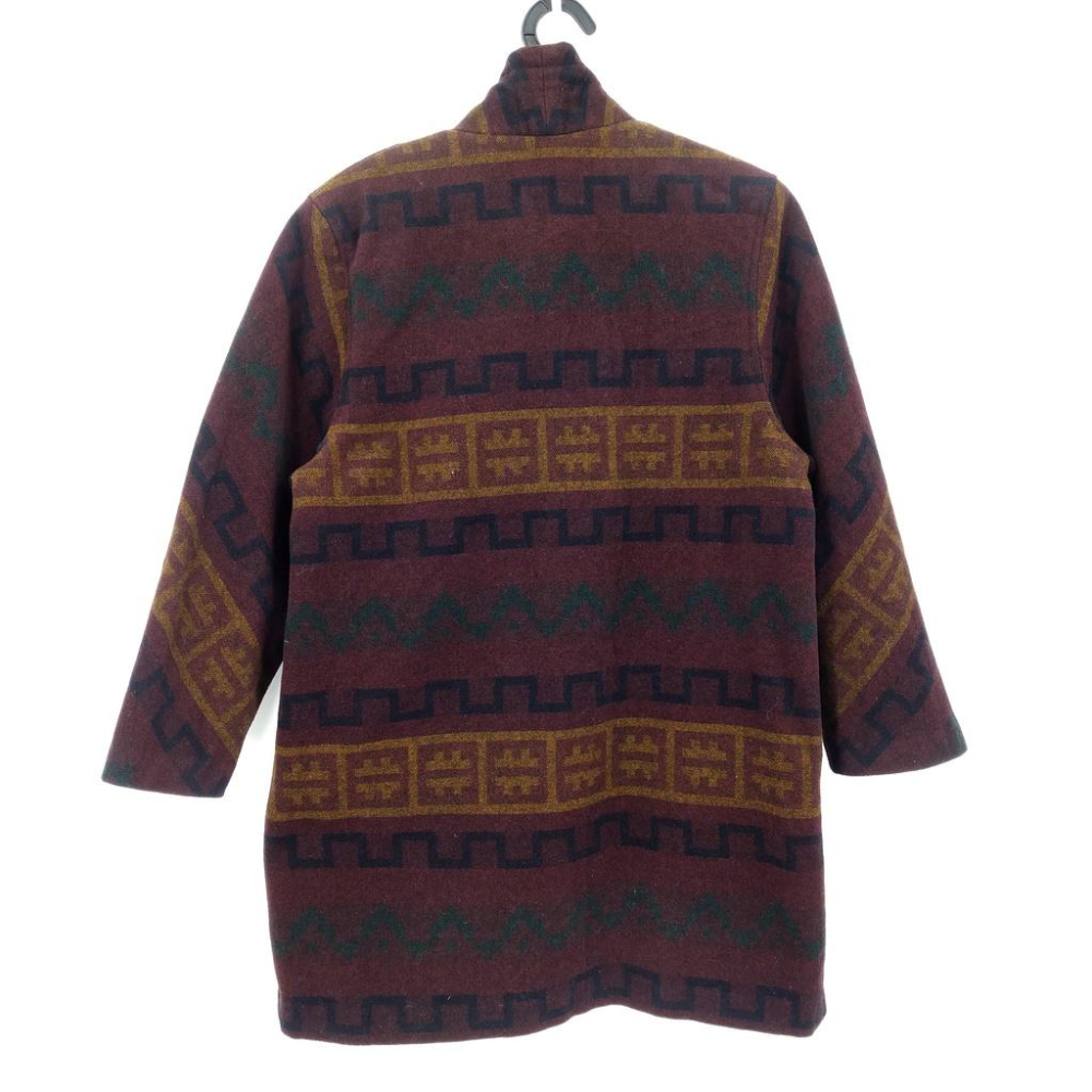 220103舊愛古著酒紅黃黑色塊幾何圖樣毛料秋冬大衣二手-細節圖2