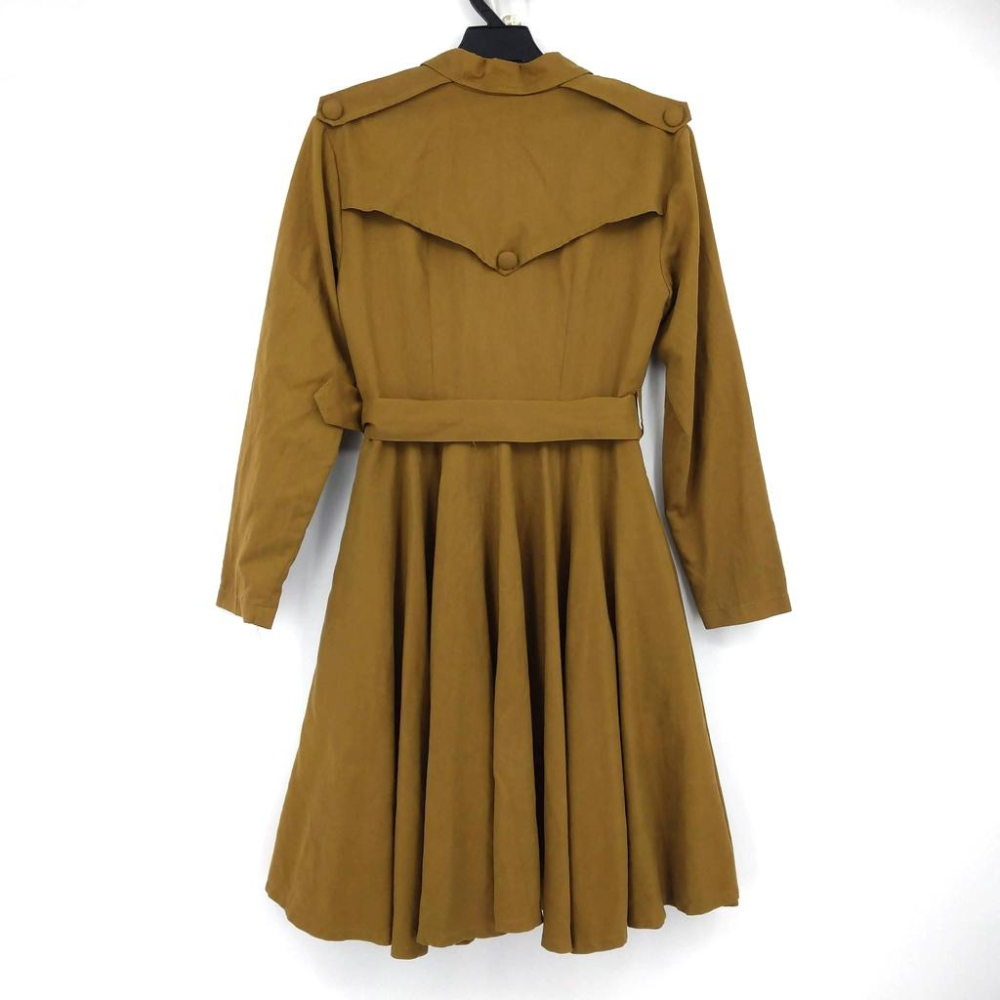 220103舊愛古著JUMP橄欖綠長版雙排釦口袋傘狀裙長板S秋冬大衣二手 腰帶有瑕疵-細節圖2