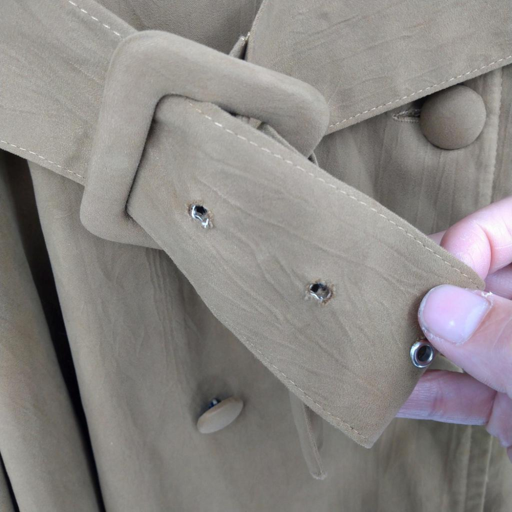 220103舊愛古著JUMP橄欖綠長版雙排釦口袋傘狀裙長板S秋冬大衣二手 腰帶有瑕疵-細節圖4