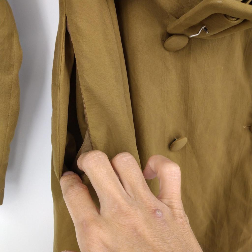 220103舊愛古著JUMP橄欖綠長版雙排釦口袋傘狀裙長板S秋冬大衣二手 腰帶有瑕疵-細節圖5