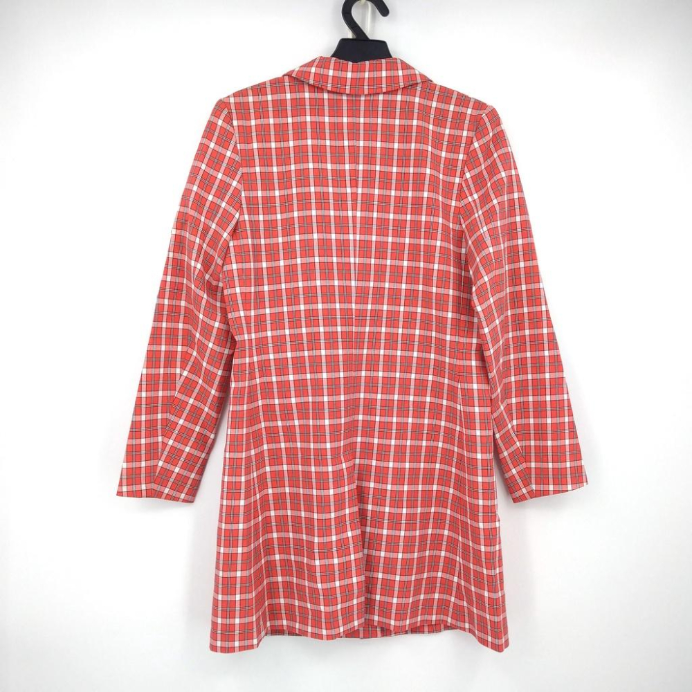 220103LACE紅黑格紋長板口袋西裝式薄外套二手-細節圖2