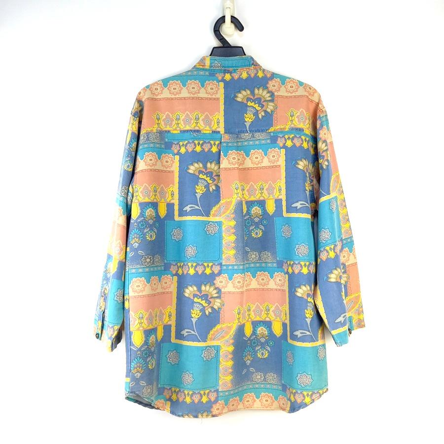 220802男裝粉藍黃圖騰寬版襯衫翻領上衣M袖子有改短二手-細節圖2