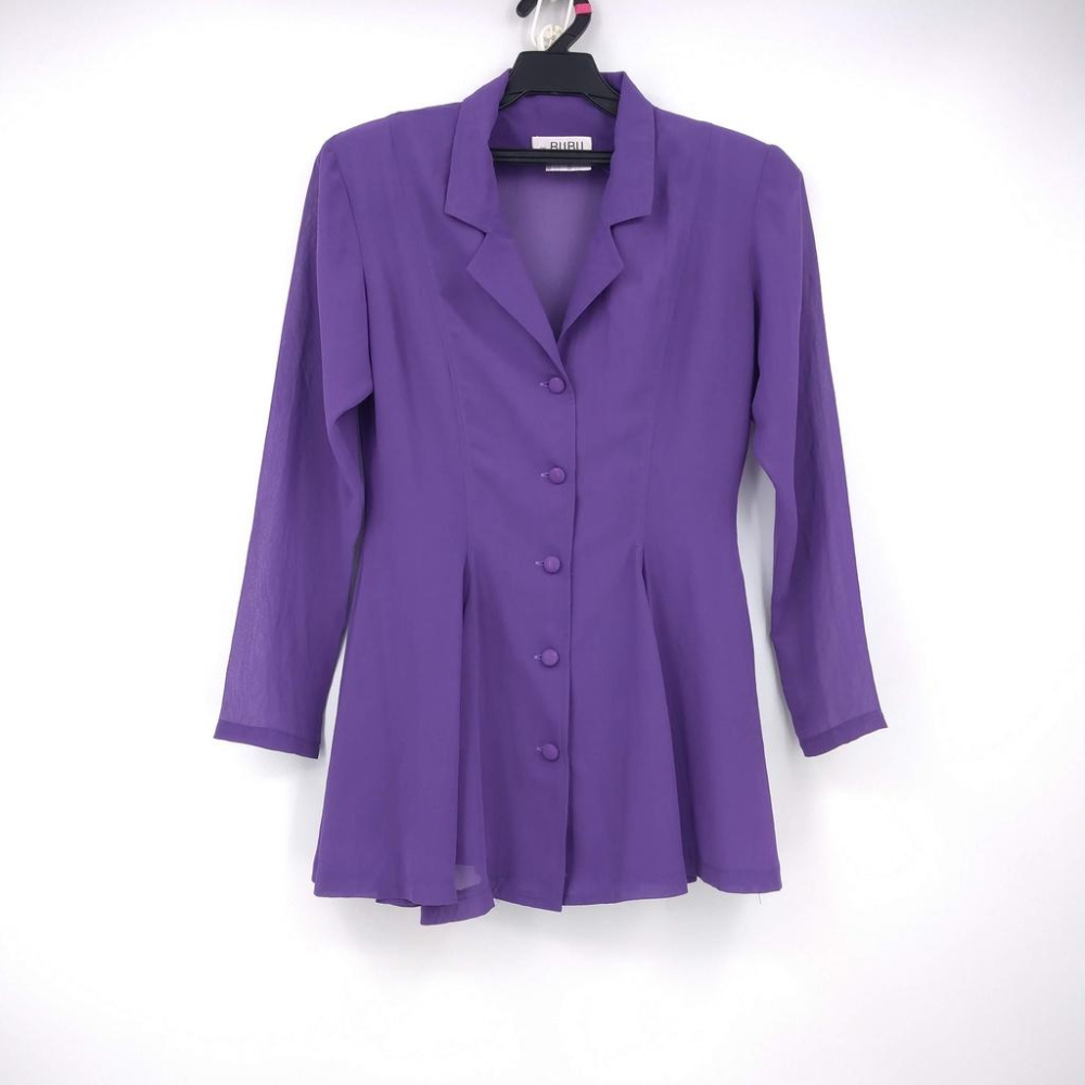 220103舊愛古著籃紫色雪紡紗腰身翻領子上衣+高腰開岔褲裙套裝二手-細節圖2