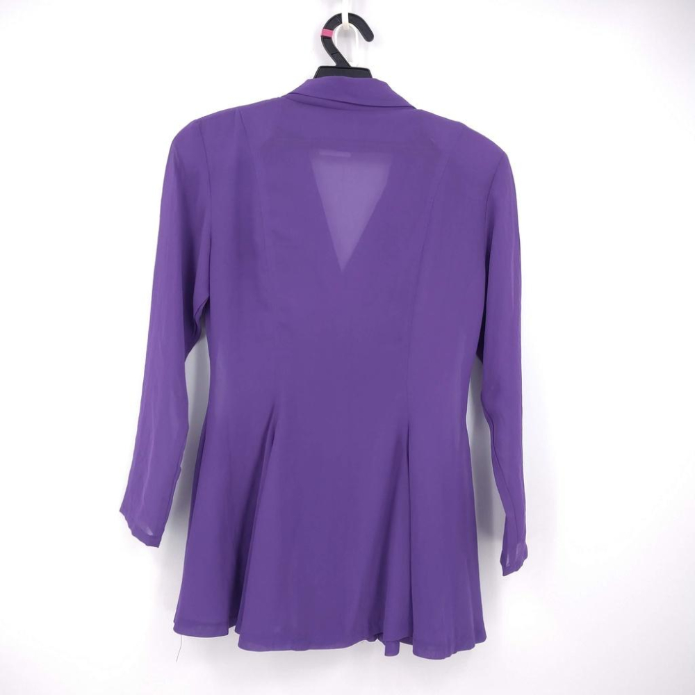 220103舊愛古著籃紫色雪紡紗腰身翻領子上衣+高腰開岔褲裙套裝二手-細節圖3