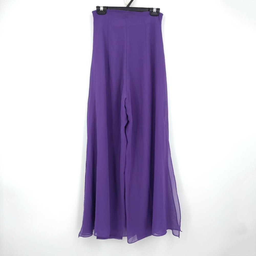 220103舊愛古著籃紫色雪紡紗腰身翻領子上衣+高腰開岔褲裙套裝二手-細節圖5