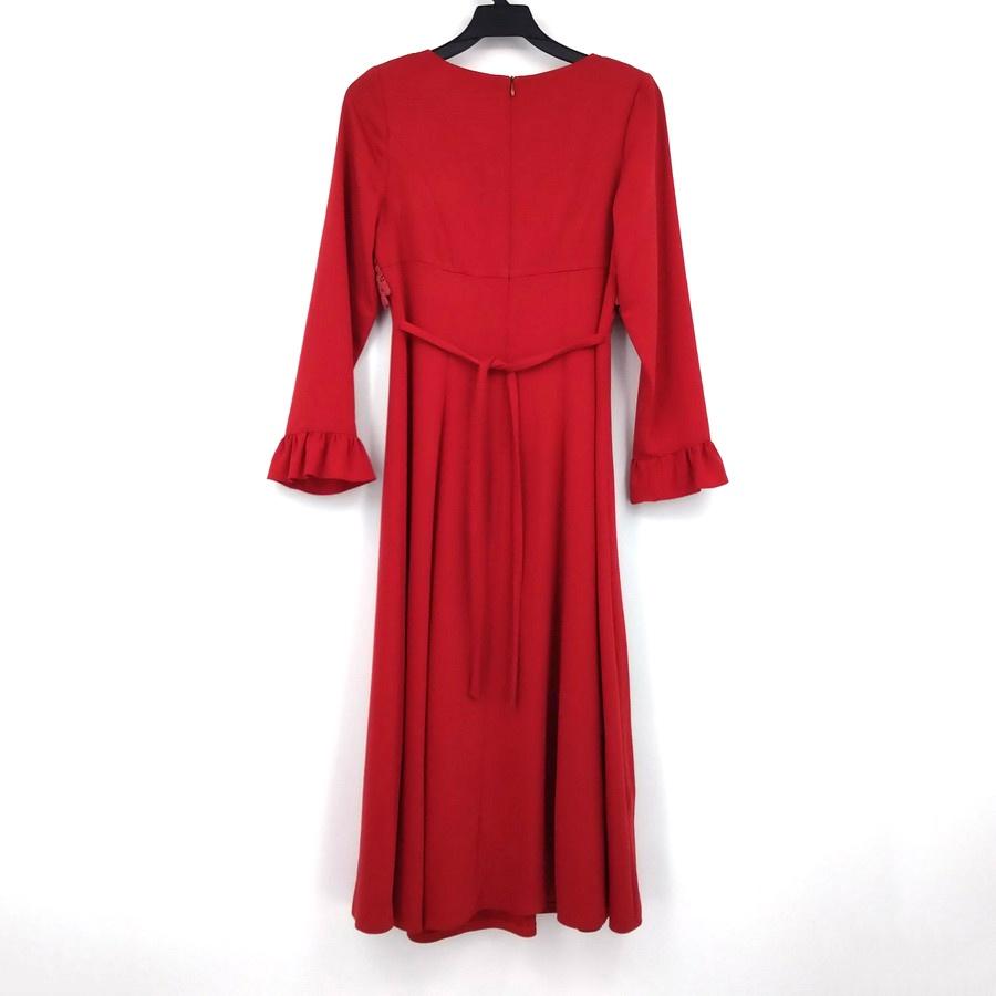 211204舊愛古著紅色鏤空蕾絲裝飾長袖荷葉魚尾長洋裝二手-細節圖2