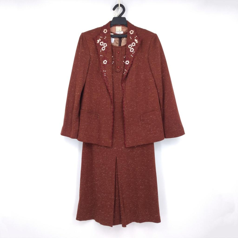 220103舊愛古著磚紅色電繡花朵長袖圓領圓領洋裝罩衫套裝二手 內裡有破損-細節圖2