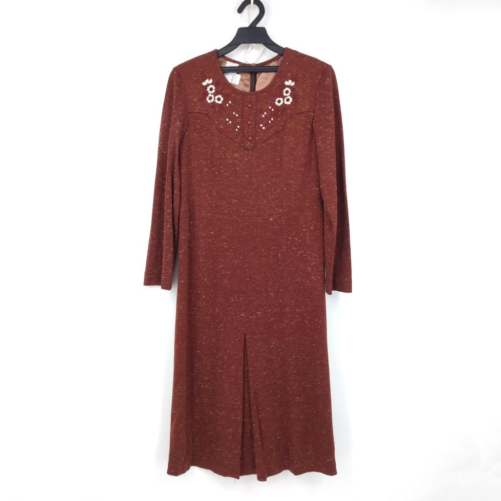 220103舊愛古著磚紅色電繡花朵長袖圓領圓領洋裝罩衫套裝二手 內裡有破損-細節圖3