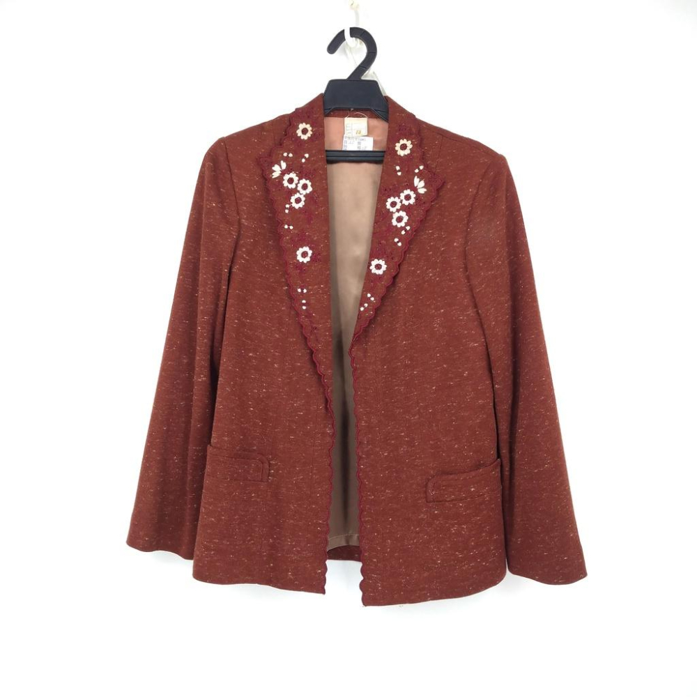 220103舊愛古著磚紅色電繡花朵長袖圓領圓領洋裝罩衫套裝二手 內裡有破損-細節圖6