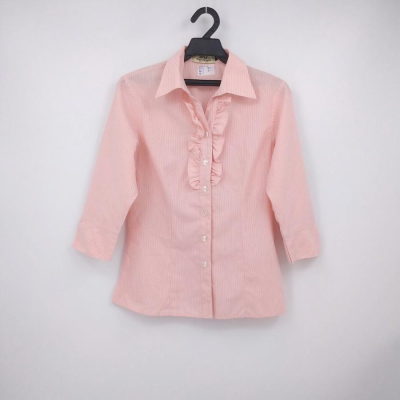 210902SNJ淺粉紅條紋七分袖荷葉裝飾襯衫M二手