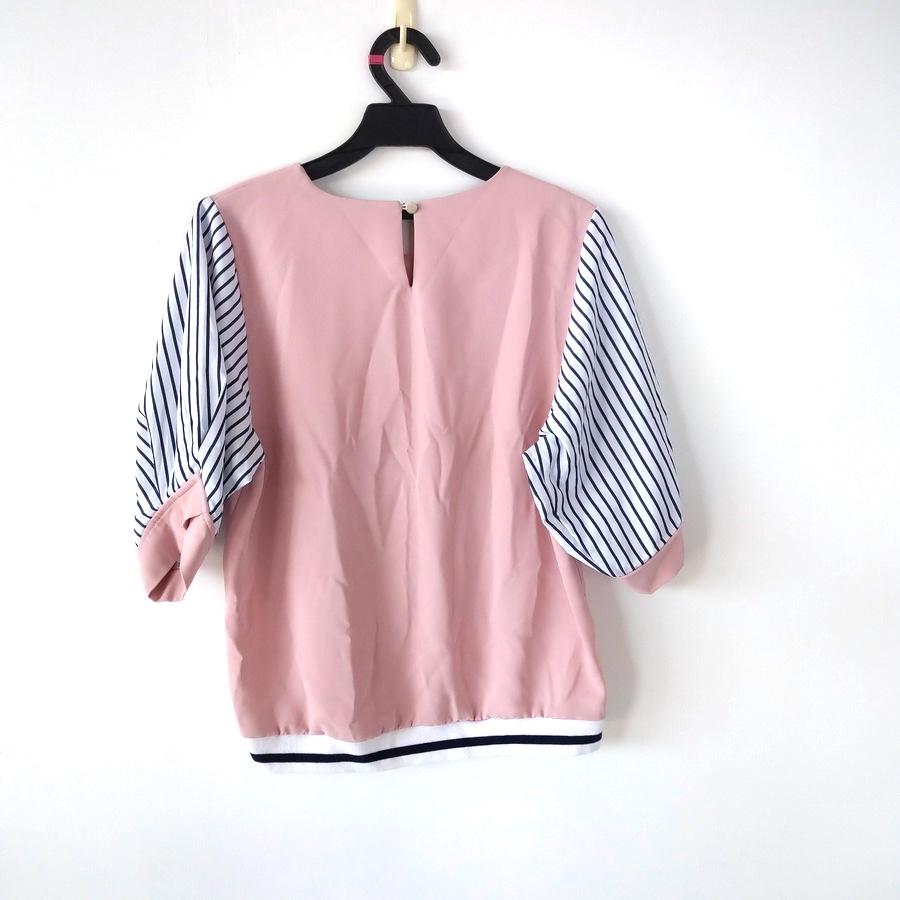 220201韓國製U-BLAND粉紅色拼接條紋砰砰袖五分袖上衣二手-細節圖2