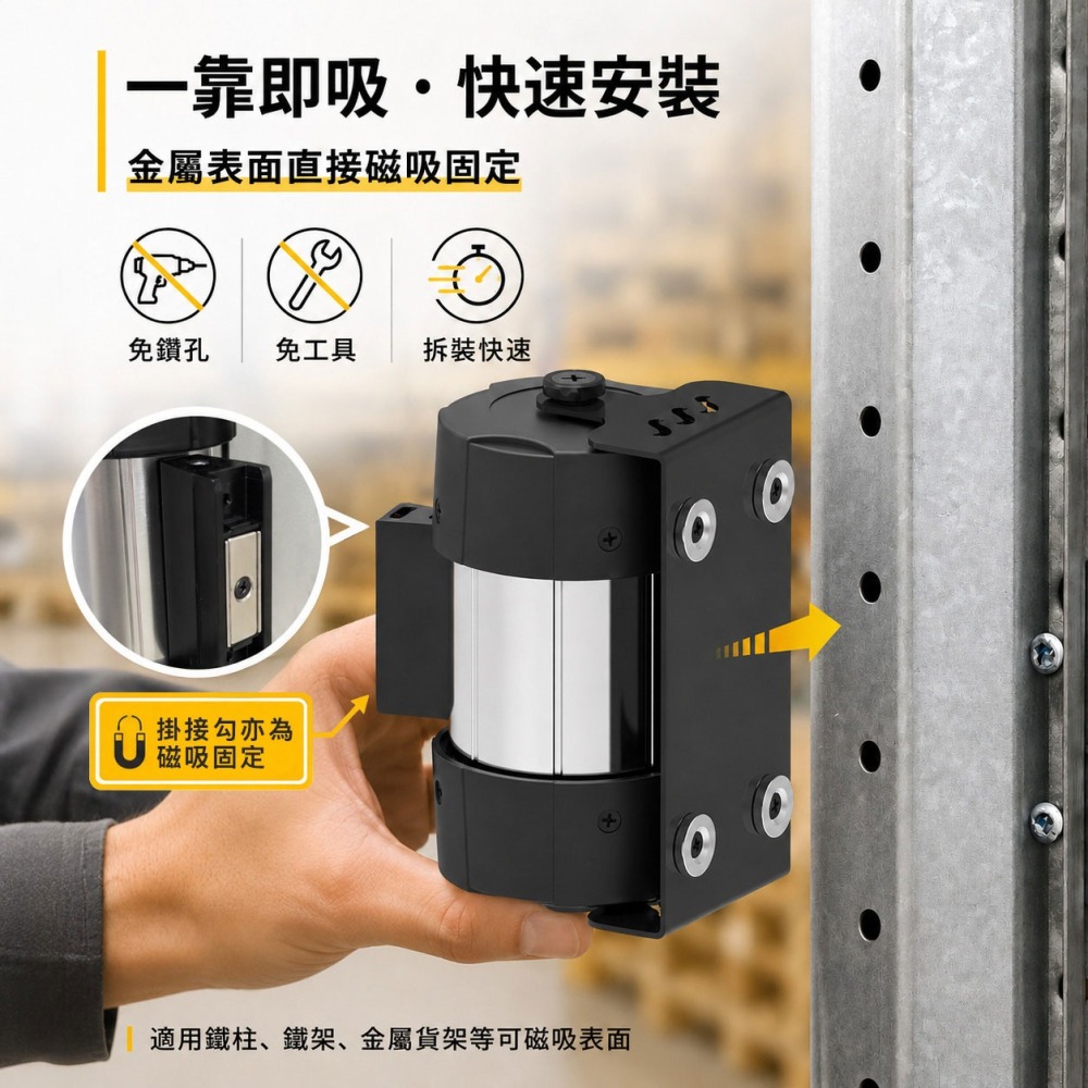 【免鑽孔 強力磁吸】磁吸式掛壁圍欄 200cm 黃黑警示帶 壁掛伸縮隔離帶 RW-M20YB 伸縮欄杆 排隊動線-細節圖3