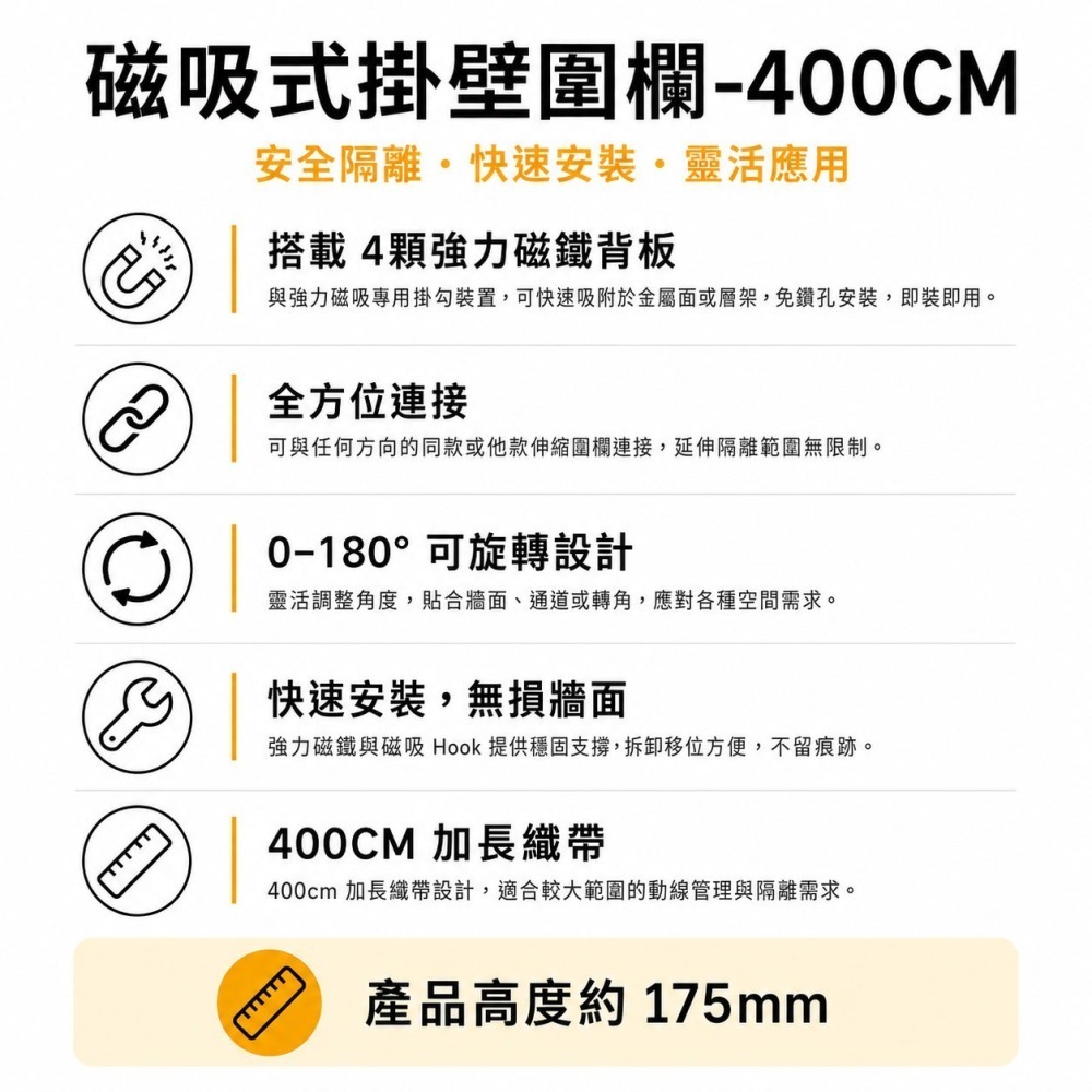 【免鑽孔 強力磁吸】磁吸式掛壁圍欄 400cm 圍欄 警示帶 壁掛 伸縮隔離帶 RW-M40 伸縮欄杆 隔離 警戒線-細節圖2