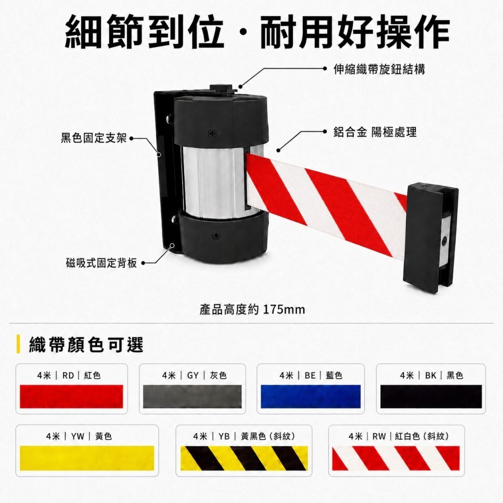 【免鑽孔 強力磁吸】磁吸式掛壁圍欄 400cm 圍欄 警示帶 壁掛 伸縮隔離帶 RW-M40 伸縮欄杆 隔離 警戒線-細節圖8