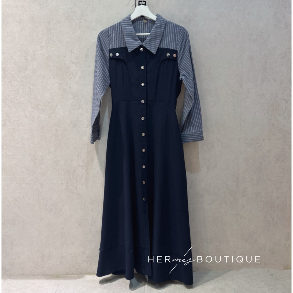 現貨♥ 赫米 ♥ 闆娘實拍  拼接優雅襯衫洋裝 ( 全開釘釦 ) 附腰帶 ops-細節圖10