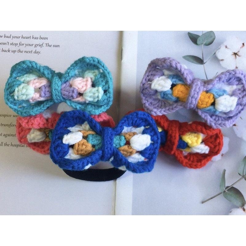 💟雙甯小舖💟 手工編織 祖母方格蝴蝶結 髮圈 毛線編織 髮飾 手作  針織髮圈-細節圖2