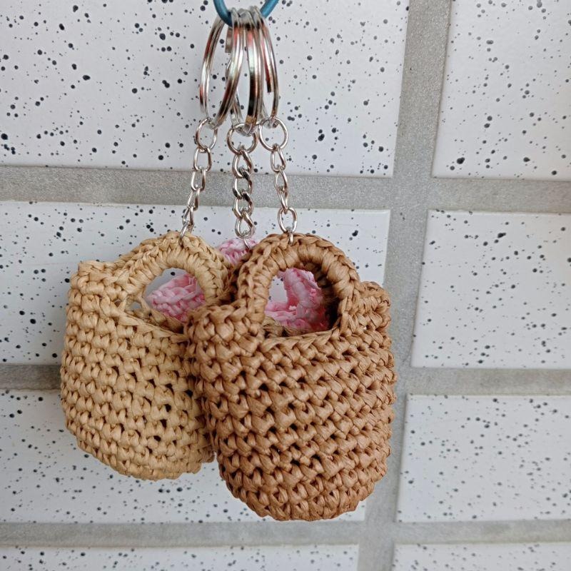 💟雙甯小舖💟 手工編織 迷你水桶包 拉菲草紙線 小提袋 鑰匙圈 防水 吊飾-細節圖4