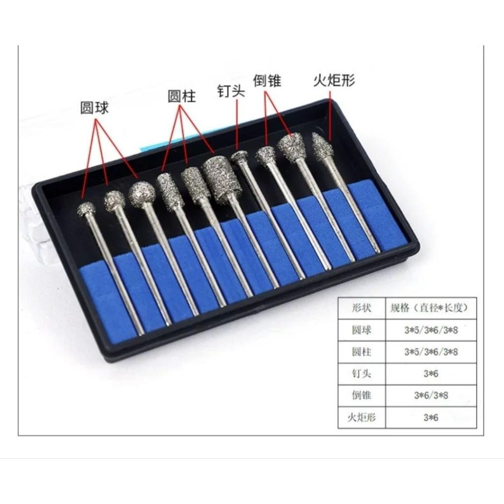 【七彩翡翠】3柄 粗砂 46目 金剛砂磨頭組 翡翠 玉石 去皮 打磨 雕刻 10支組-細節圖2