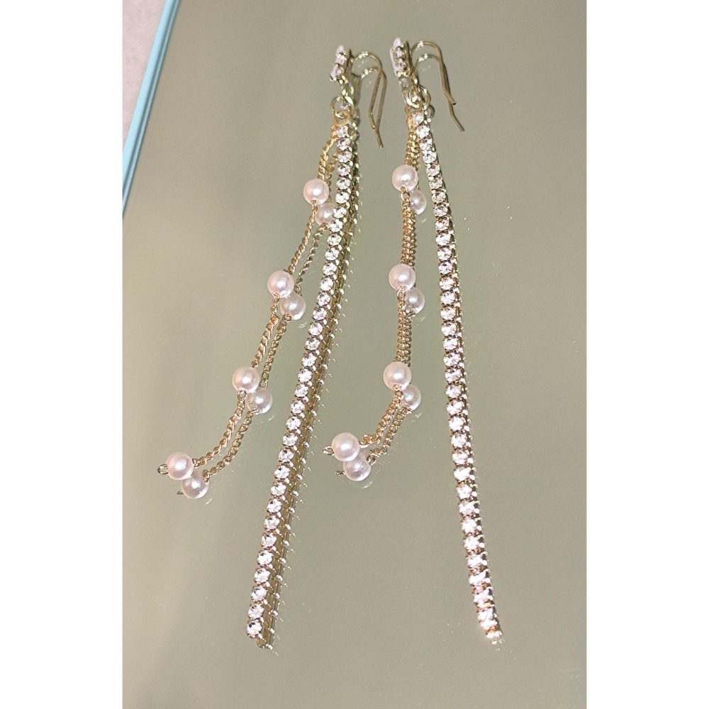 ☁現貨☁#限量一個#水鑽珍珠流蘇耳環 氣質耳環 禮服百搭 仙氣 氣質 少女心 珍珠鑲鑽流蘇垂墜耳環 鑽石耳針 耳環 耳針-細節圖2