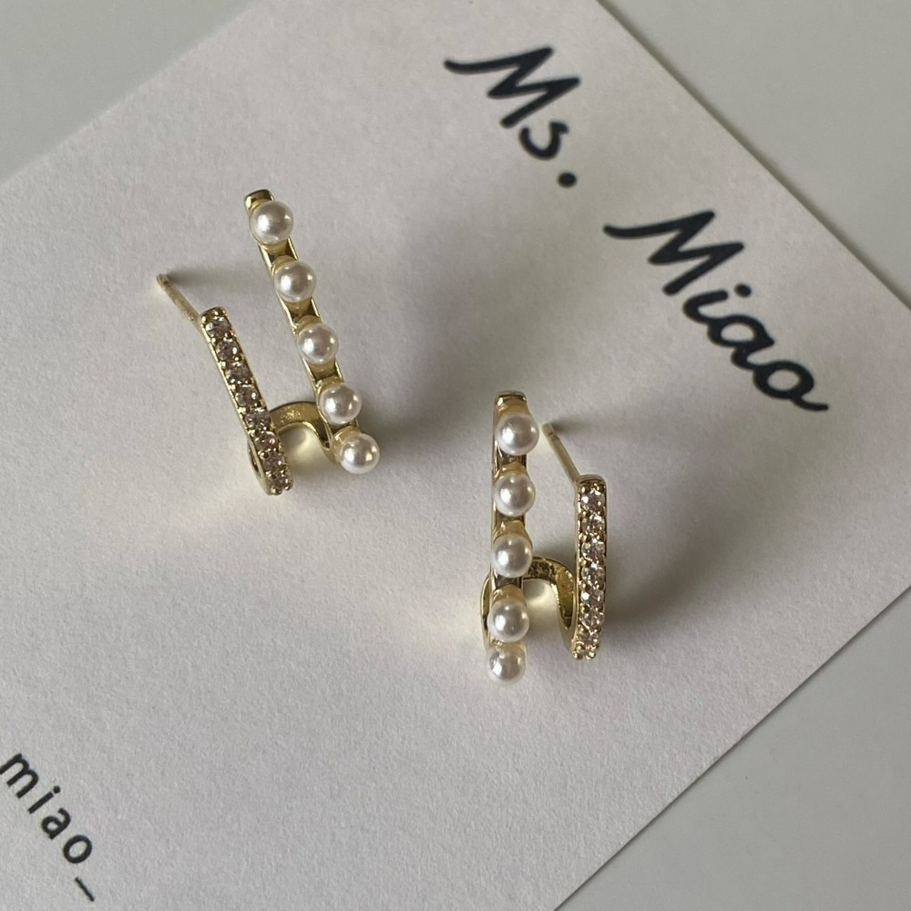 ⚡台灣快速出貨⚡𝐌𝐬. 𝐌𝐢𝐚𝐨 雙排鑲鑽珍珠耳環【AD200182】-細節圖3