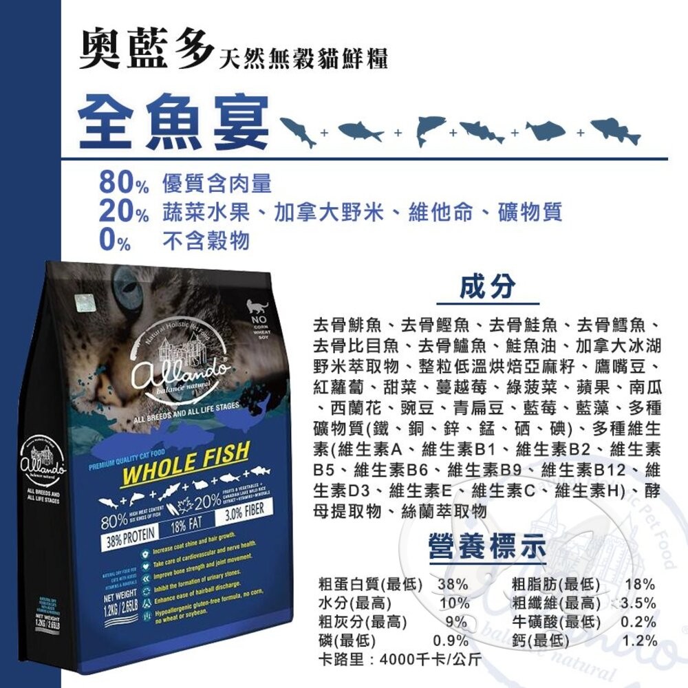 【旺生活】Allando奧藍多天然無穀貓糧︱全系列400g~6.8KG︱貓飼料 無穀低敏配方-細節圖6