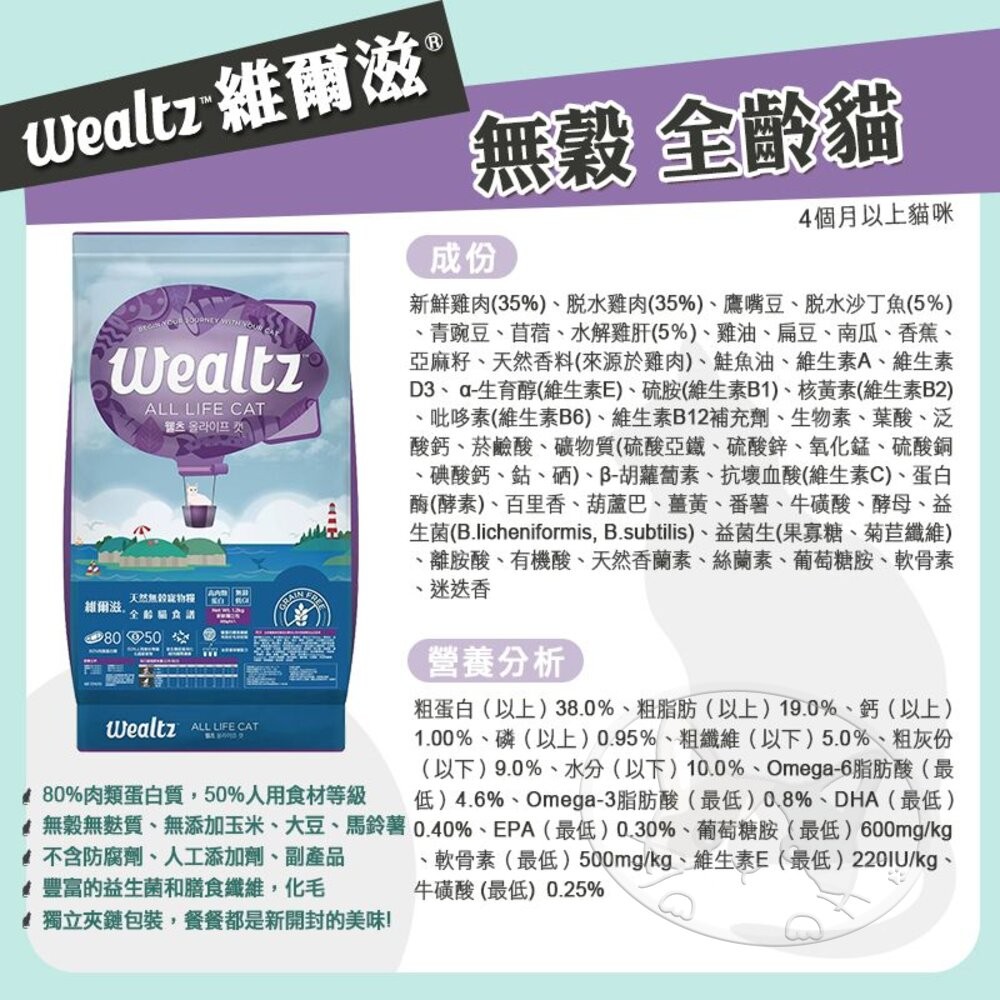 【旺生活】Wealtz 維爾滋 天然無穀 全系列 貓糧 300g/1.2KG/2.1KG/6KG-細節圖9