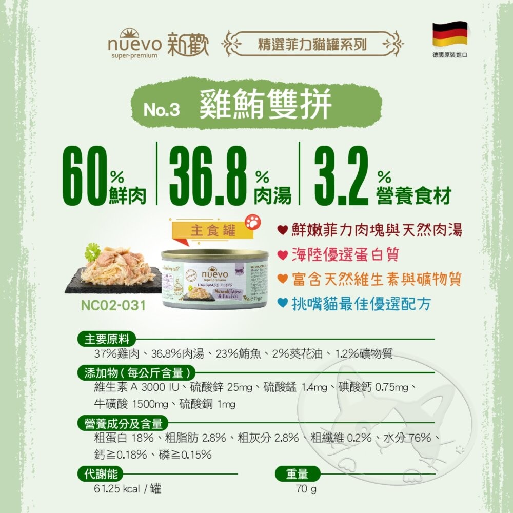 【旺生活】NUEVO新歡-精選菲力主食貓罐系列 貓罐70G 貓主食罐 餐罐 德國進口 菲力主食-細節圖10