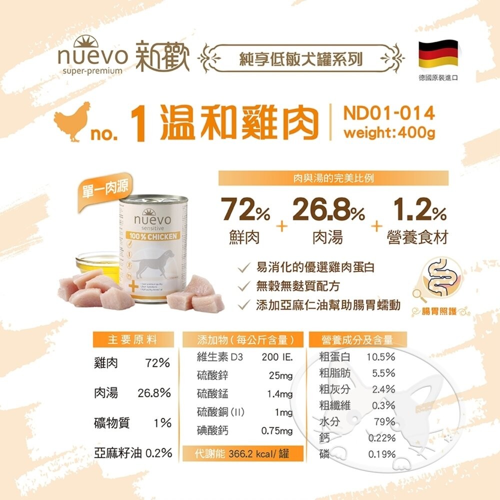 【旺生活】NUEVO新歡-純享低敏犬罐系列 犬罐 狗主食罐 低敏罐頭 375G/400G 德國製造-細節圖4