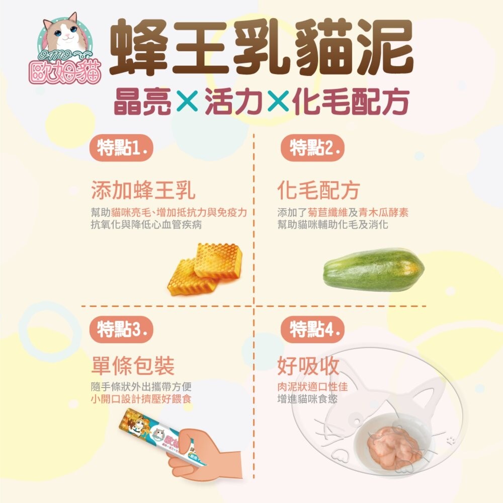 【旺生活】歐姆貓蜂王乳貓泥 15g 蜂王乳貓肉泥【100入組】 貓泥 貓零食 貓咪點心 貓點心 寵物零食-細節圖6