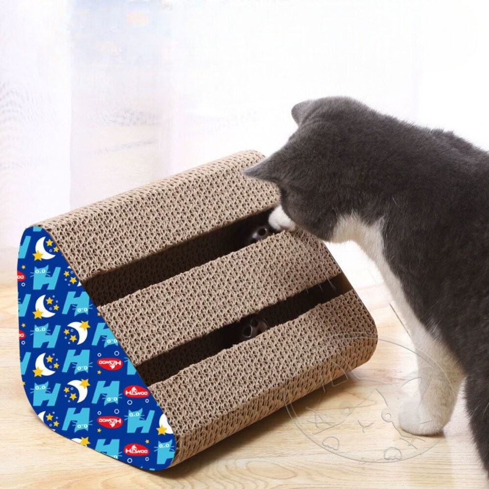 【旺生活】單面雙槽三角瓦楞貓抓板 鈴鐺貓抓板 貓玩具 瓦楞紙抓板 雙軌道貓抓板 寵物用品 磨爪板-細節圖3