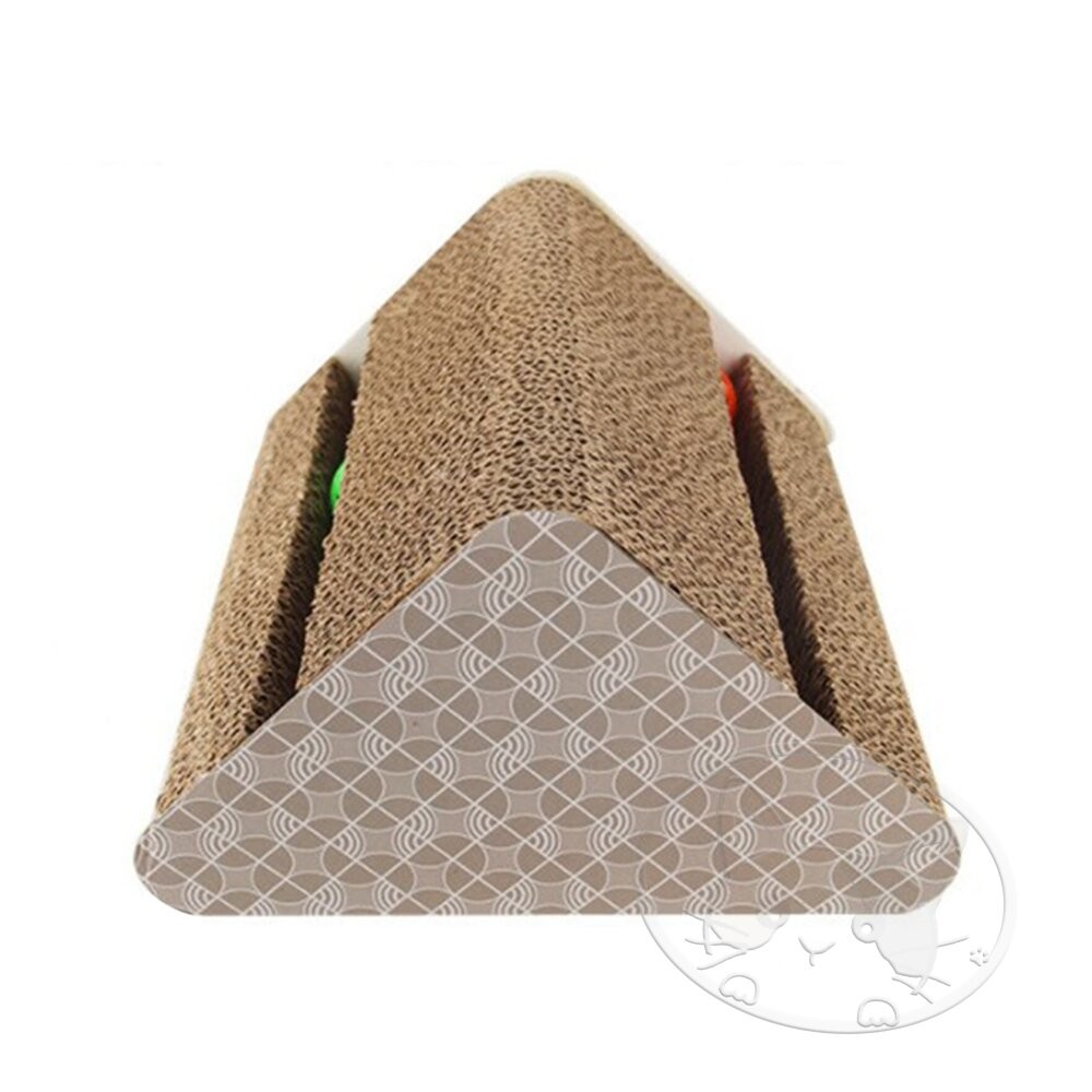 【旺生活】雙面單槽三角瓦楞貓抓板 寵物玩具 雙邊鈴鐺球設計 貓抓 三角貓抓板-細節圖2