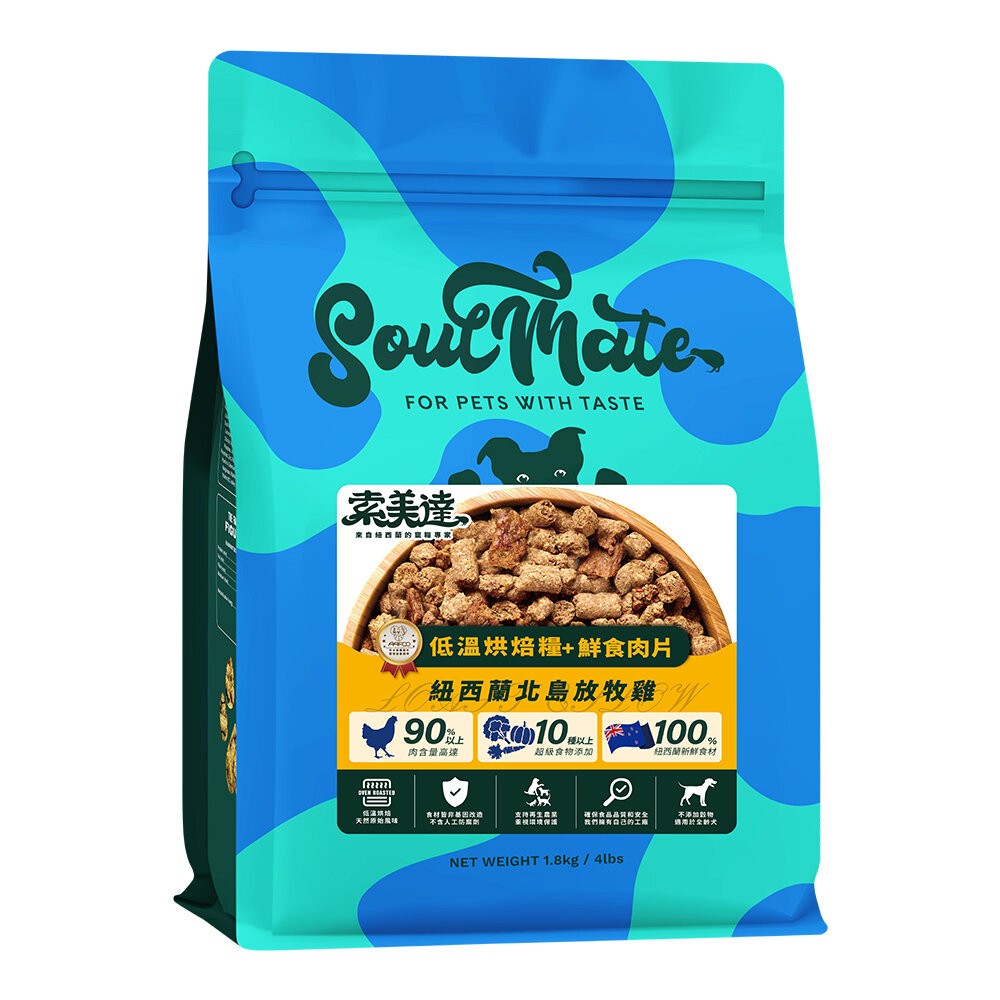 【旺生活】SOULMATE 索美達 紐西蘭低溫烘焙糧+鮮食肉片 1.8KG 狗糧 狗飼料 狗肉片-規格圖11