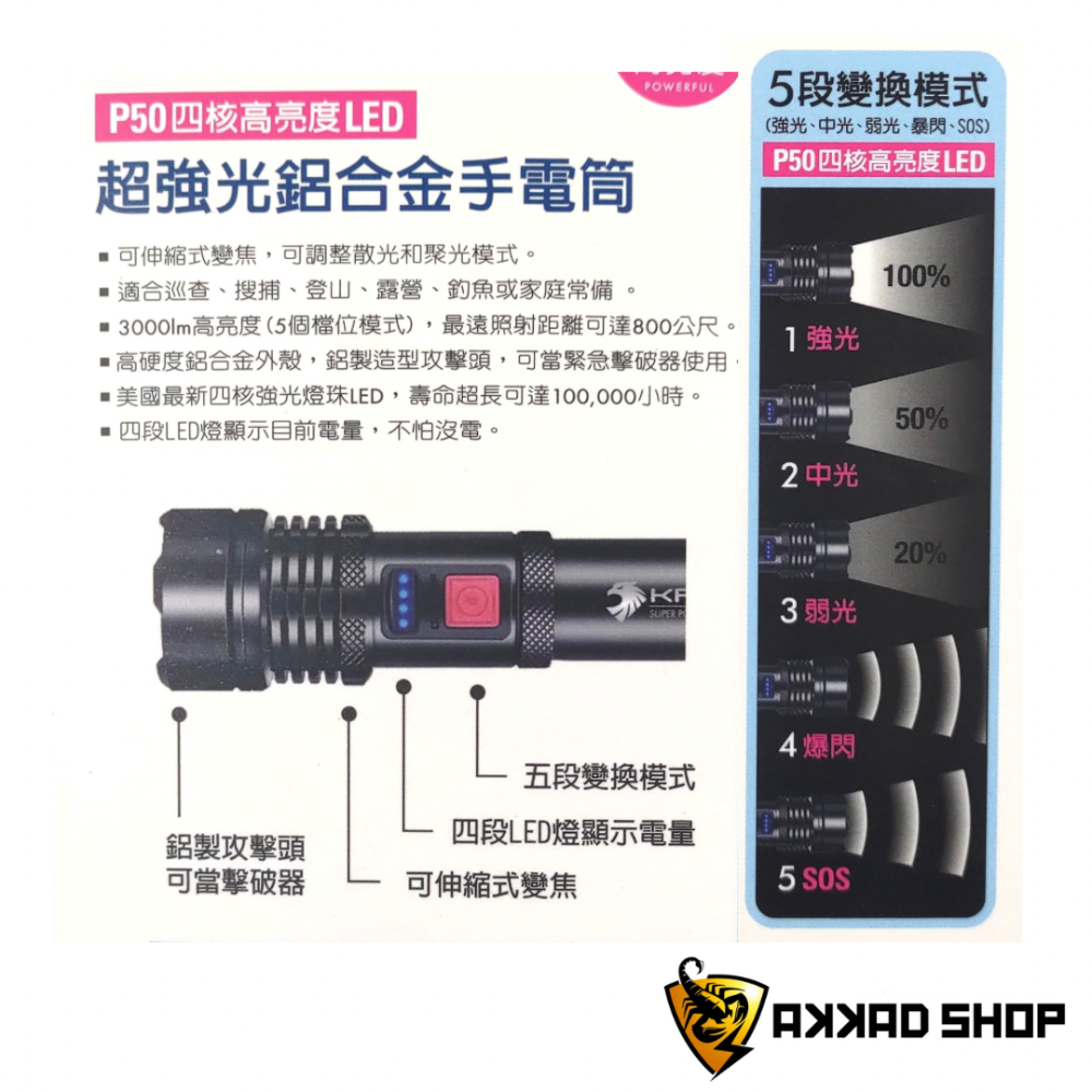 KM-SH07 美國CREE LED 超強光鋁合金手電筒 18650 充電手電筒 防水手電筒 可替換電池-細節圖2